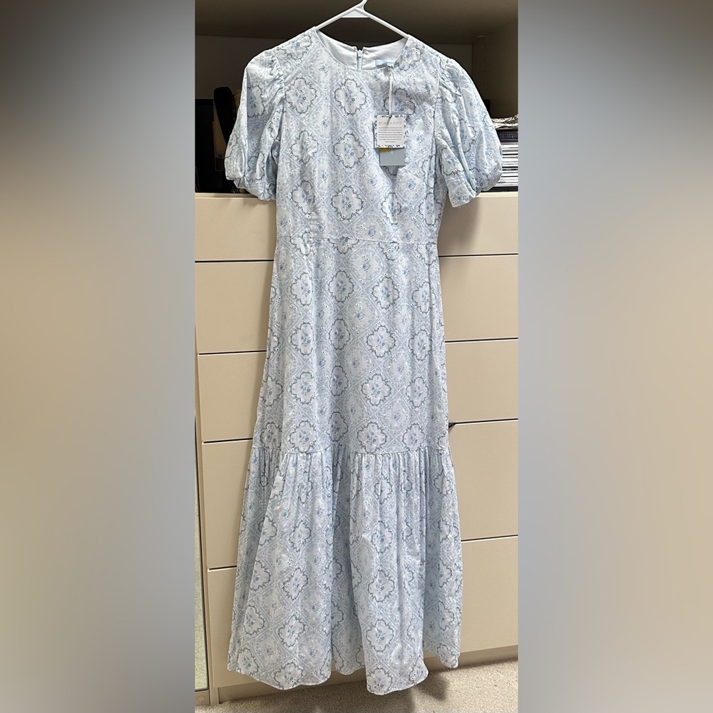 Born On Fifth for Antonio Melani Belmont Puff Sleeves Blue Tile Dress